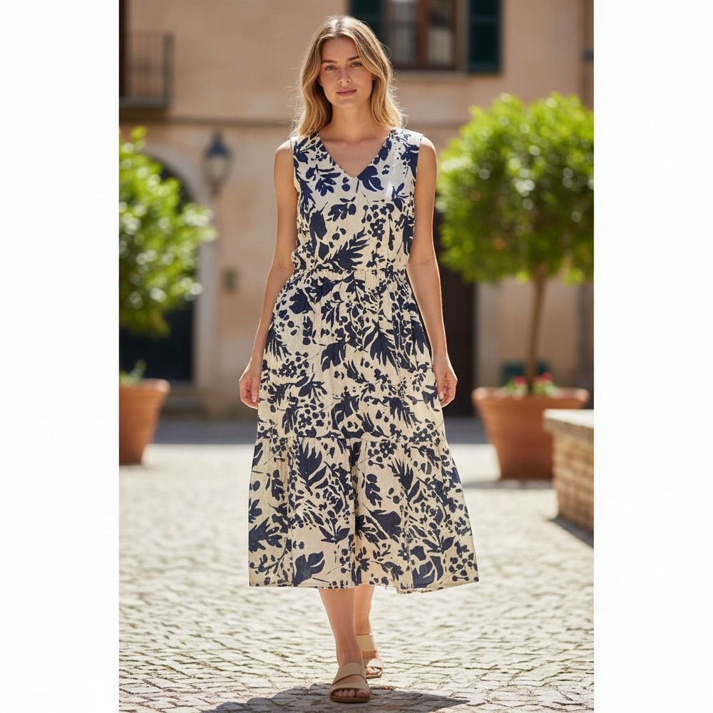 Anthropologie Magaschoni Dress Womens 8 Blue Linen Blend Floral Smocked Back